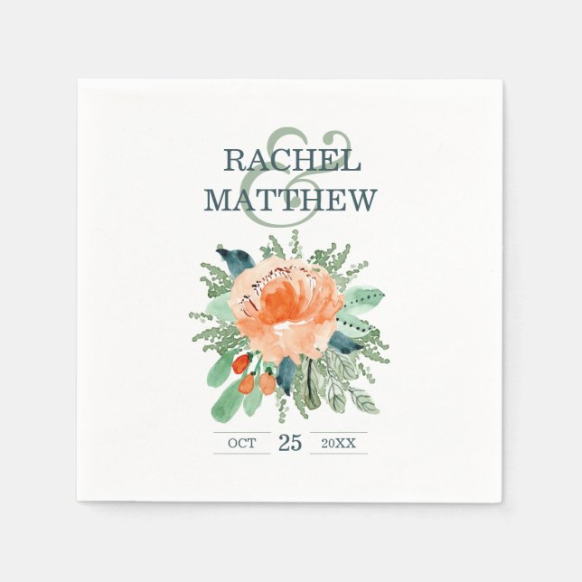 Peach Jade Teal Floral Watercolor Wedding Napkins (Front)
