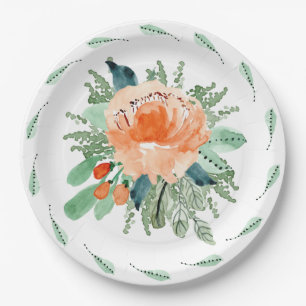 Peach Jade Teal Floral Watercolor Wedding Paper Plate