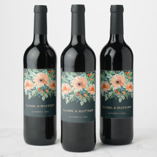Peach Jade Teal Floral Watercolor Wine Label