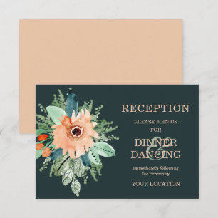 Peach Jade Teal Floral Wedding Reception Cards