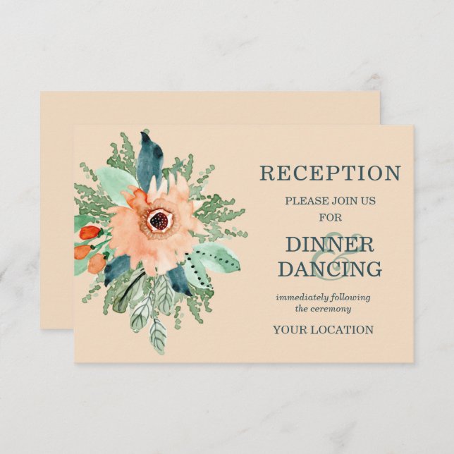 Peach Jade Teal Floral Wedding Reception Cards (Front/Back)