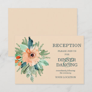 Peach Jade Teal Floral Wedding Reception Cards