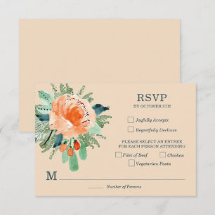 Peach Jade Teal Floral Wedding RSVP Card