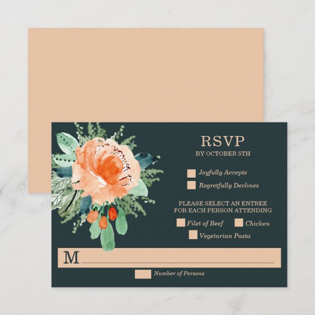 Peach Jade Teal Floral Wedding RSVP Cards (Front/Back)