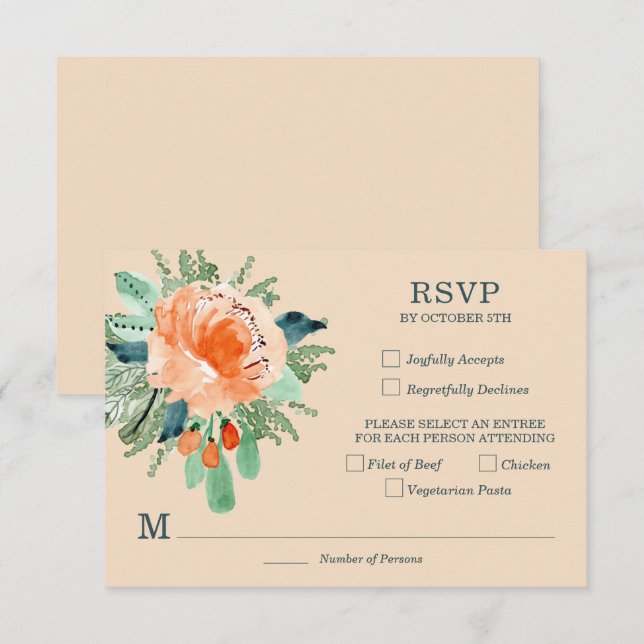 Peach Jade Teal Floral Wedding RSVP Cards (Front/Back)