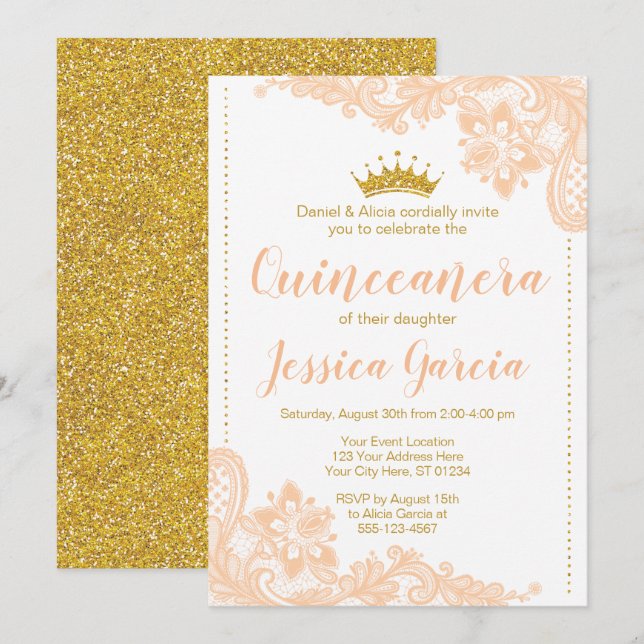 Peach Lace and Glitter Gold Princess Quinceañera Invitation (Front/Back)