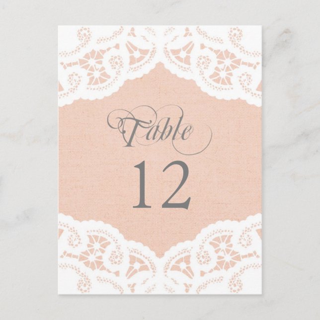 Peach Lace Doily Wedding Table Number Table Cards (Front)