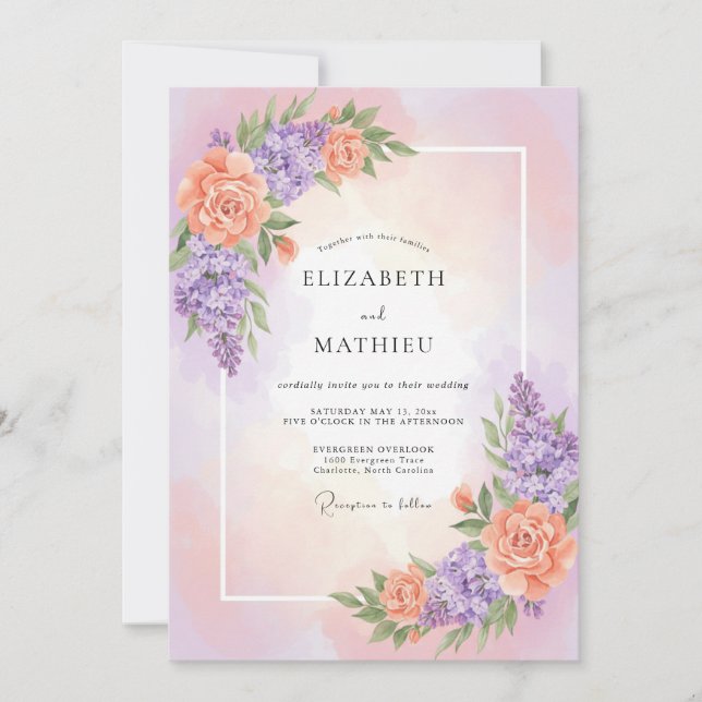 Peach Lavender Blossom Romance Wedding Invitation (Front)