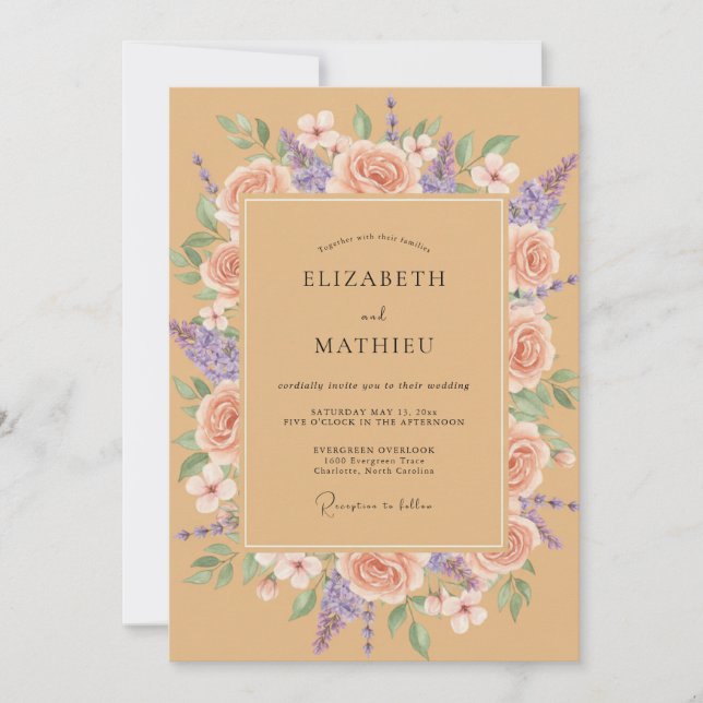 Peach Lavender Floral Romantic Wedding Invitation (Front)