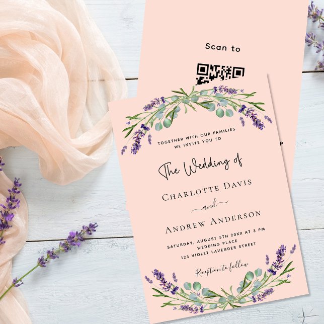 Peach lavender violet QR code RSVP luxury wedding Invitation (Creator Uploaded)