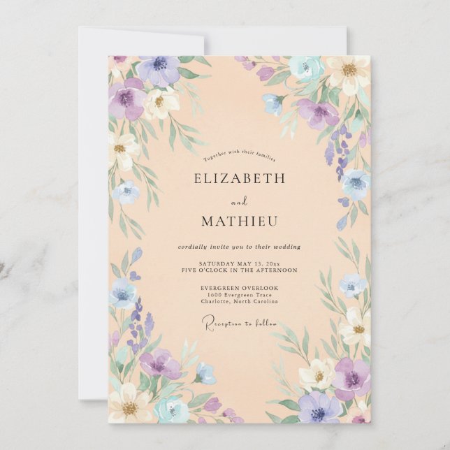 Peach Lavender Watercolor Spring Wedding Invitation (Front)