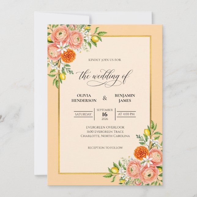 Peach Lemon Leaf Wedding Invitation (Front)