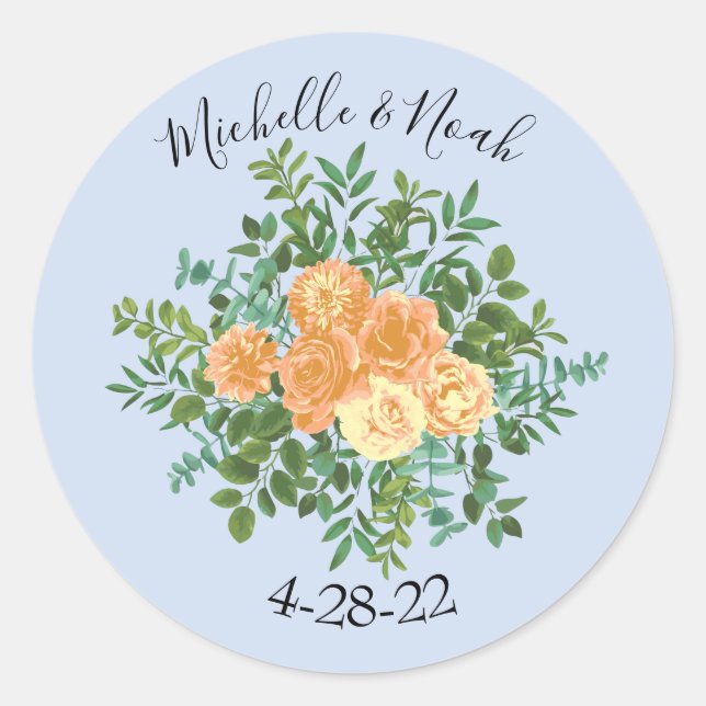 Peach & Light Blue Peony & Rose Floral Wedding Classic Round Sticker (Front)