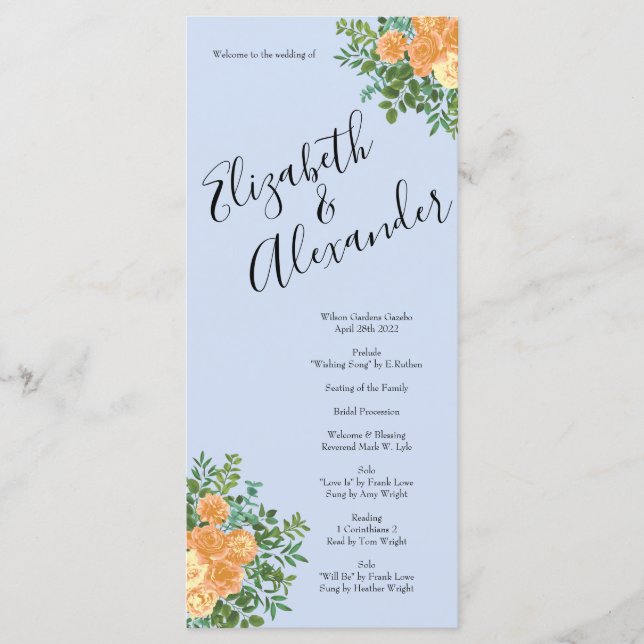 Peach Light Blue Peony Rose Floral Wedding Program Menu (Front)