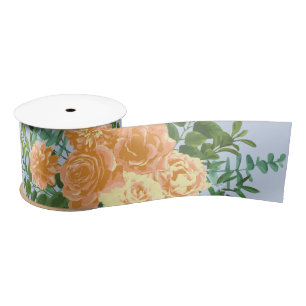 Peach & Light Blue Peony & Rose Floral Wedding Satin Ribbon