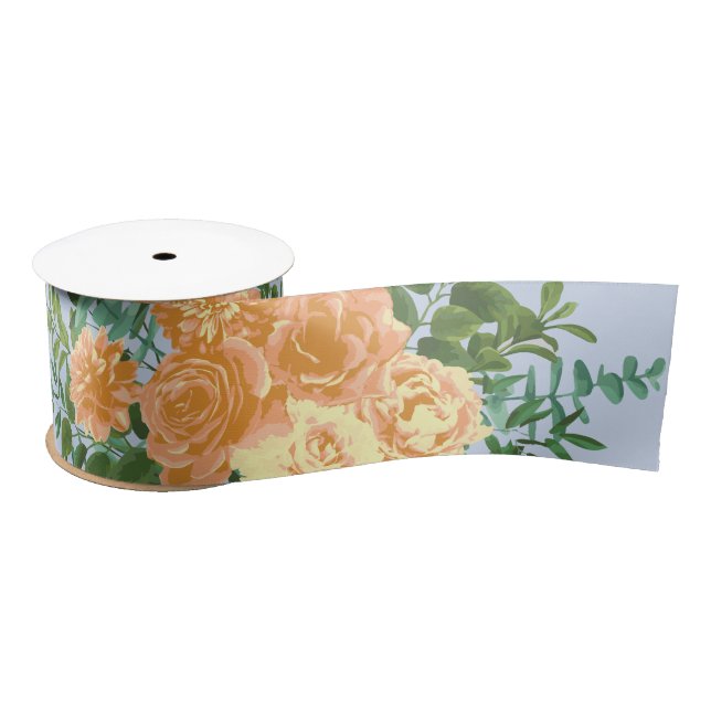 Peach & Light Blue Peony & Rose Floral Wedding Satin Ribbon (Spool)