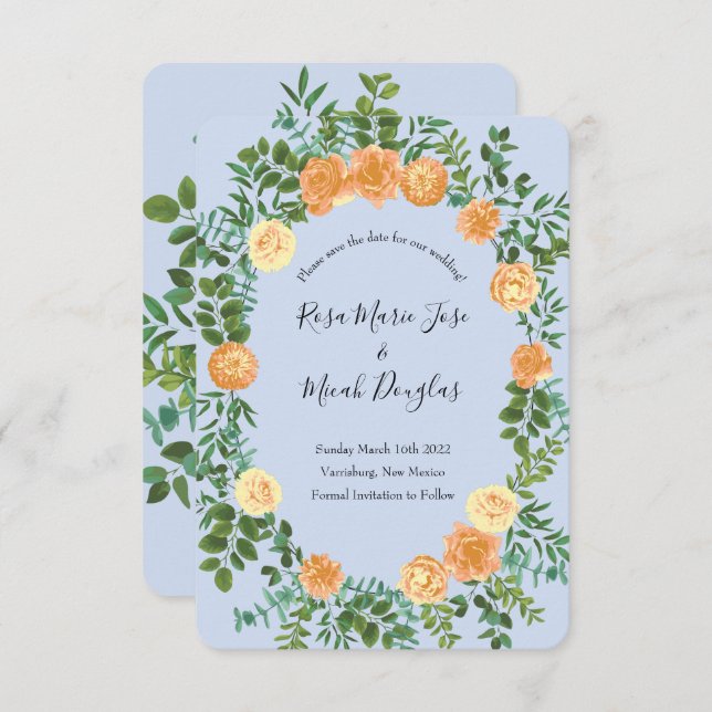 Peach Light Blue Peony Rose Wedding Save Date Invitation (Front/Back)