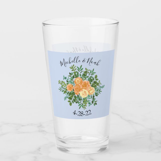 Peach Light Blue Wedding Roses Floral Glass (Front)