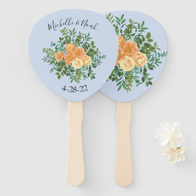 Peach Light Blue Wedding Roses Floral Hand Fan (Front and Back)