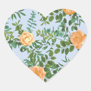Peach Light Blue Wedding Roses Floral Heart Sticker