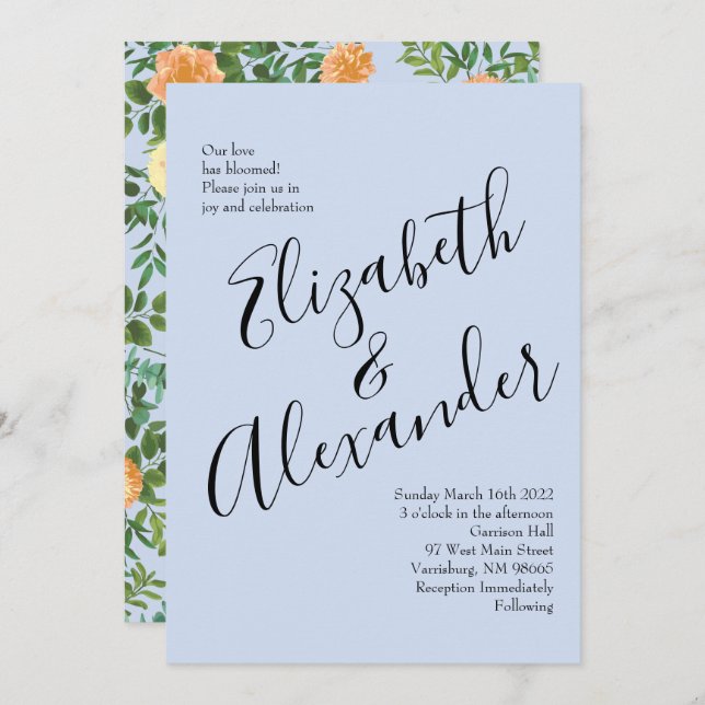 Peach Light Blue Wedding Roses Floral Invitation (Front/Back)