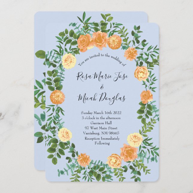 Peach Light Blue Wedding Roses Floral Invitation (Front/Back)