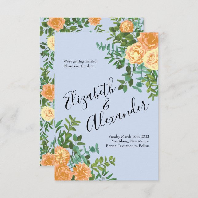 Peach Light Blue Wedding Roses Floral Invitation (Front/Back)