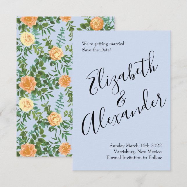 Peach Light Blue Wedding Roses Floral Invitation (Front/Back)
