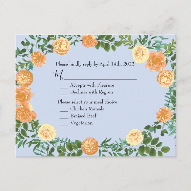 Peach Light Blue Wedding Roses Floral Postcard (Front)