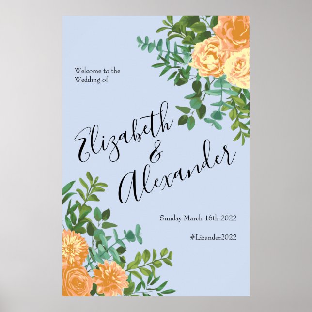 Peach Light Blue Wedding Roses Floral Poster (Front)