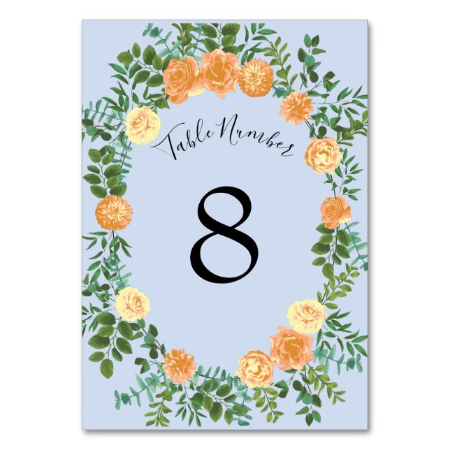 Peach Light Blue Wedding Roses Floral Table Number (Back)
