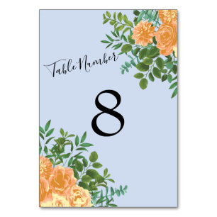Peach Light Blue Wedding Roses Floral Table Number