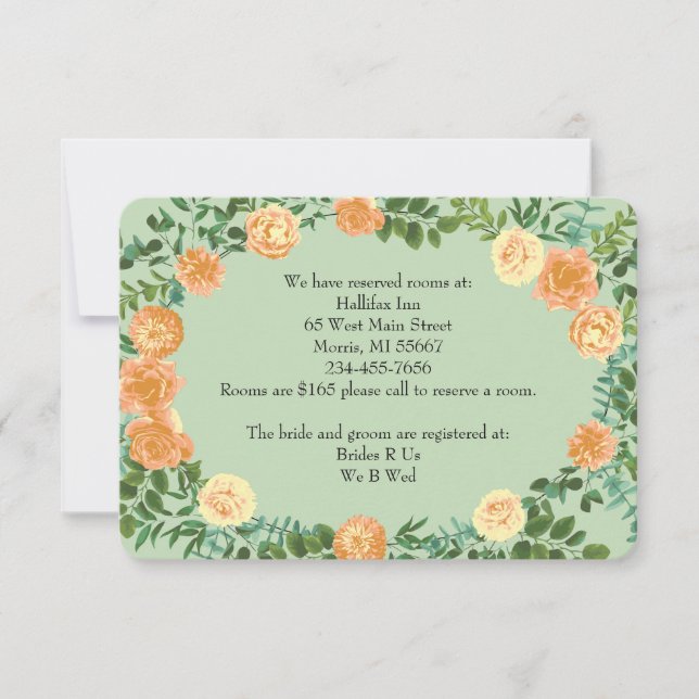 Peach Light Green Peony Rose Floral Information Invitation (Front)