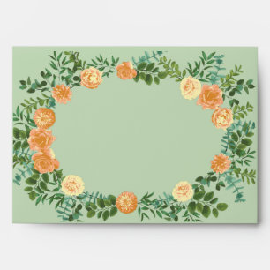Peach & Light Green Peony & Rose Floral Wedding Envelope