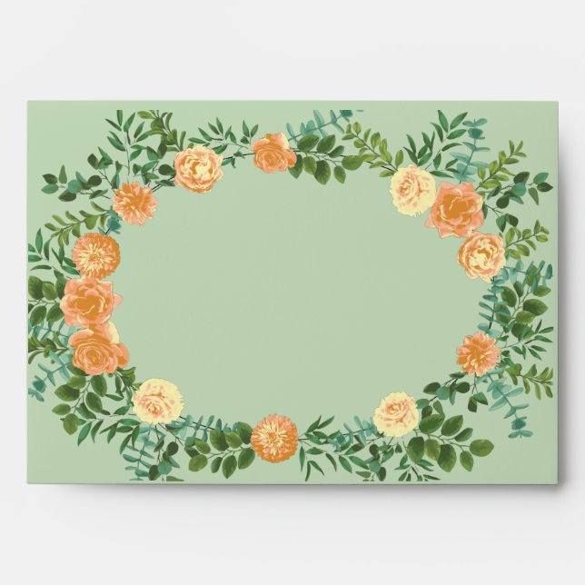 Peach & Light Green Peony & Rose Floral Wedding Envelope (Front)
