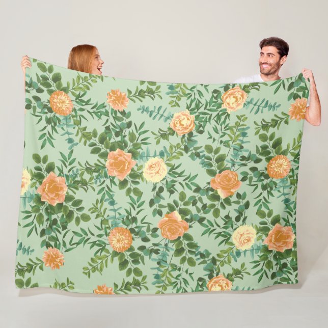 Peach & Light Green Peony & Rose Floral Wedding Fleece Blanket (In Situ)
