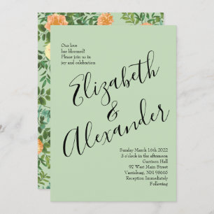 Peach & Light Green Peony & Rose Floral Wedding Invitation