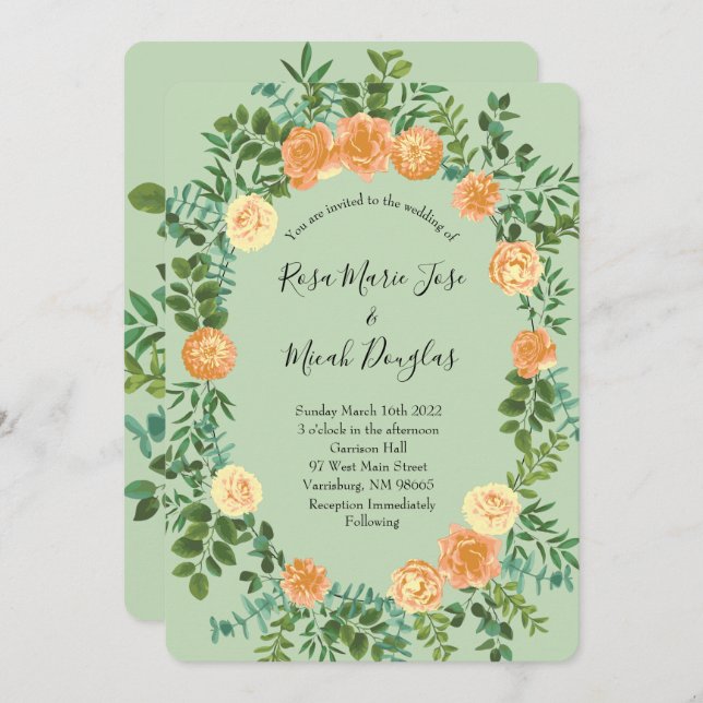 Peach & Light Green Peony & Rose Floral Wedding Invitation (Front/Back)