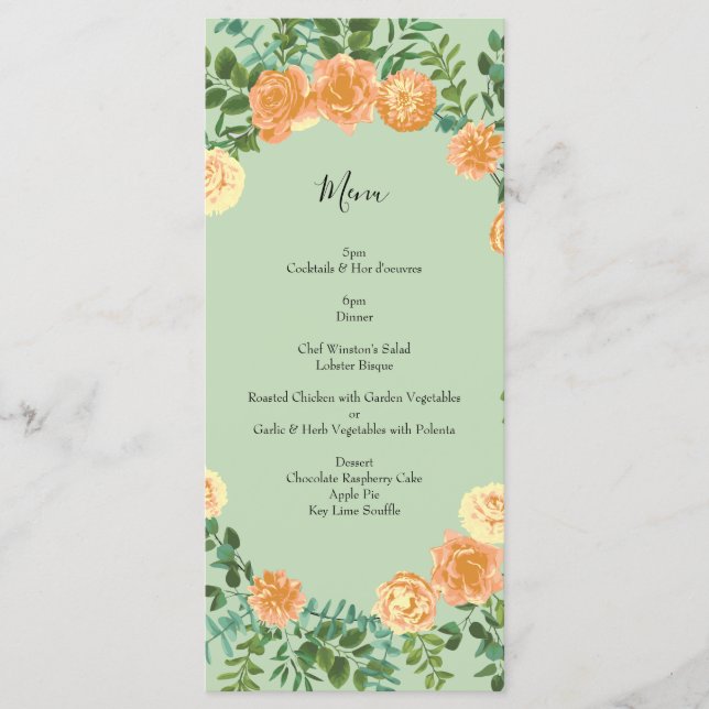 Peach Light Green Peony & Rose Floral Wedding Menu (Front)