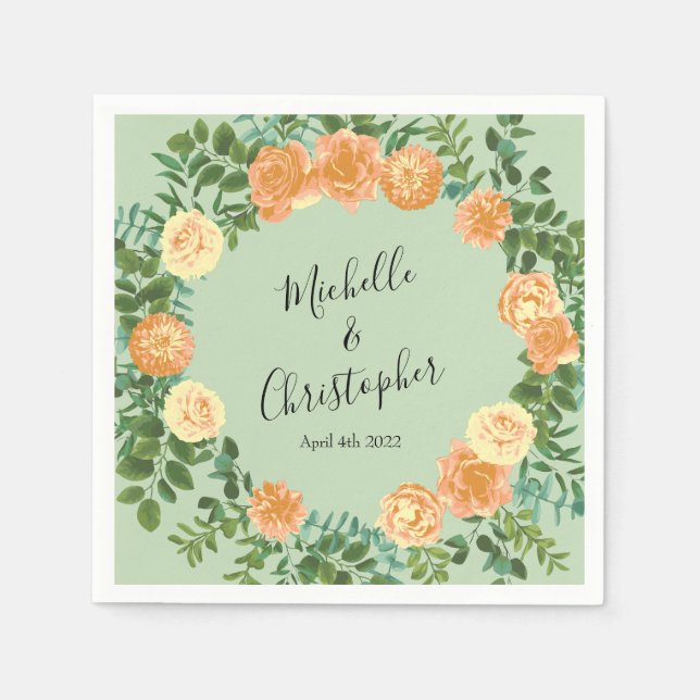 Peach & Light Green Peony & Rose Floral Wedding Napkin (Front)