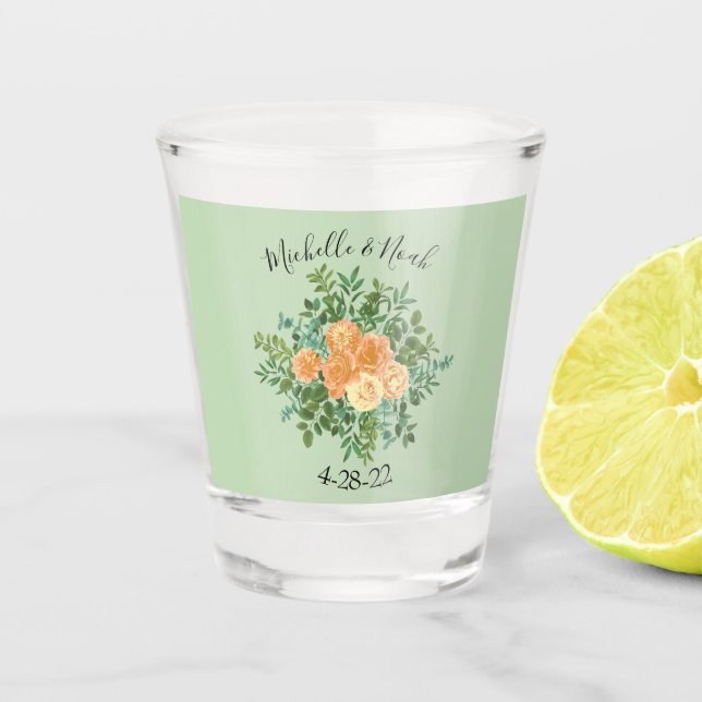 Peach & Light Green Peony & Rose Floral Wedding Shot Glass (Front)