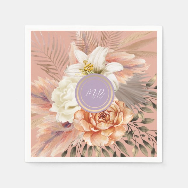 Peach Lilac Floral Wedding Napkin (Front)