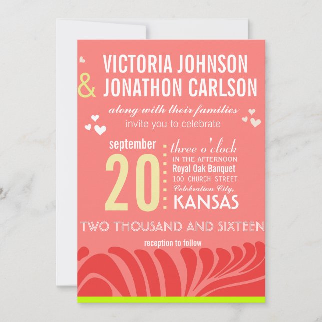 Peach, Lime and Berry Art Deco Wedding Invitations (Front)