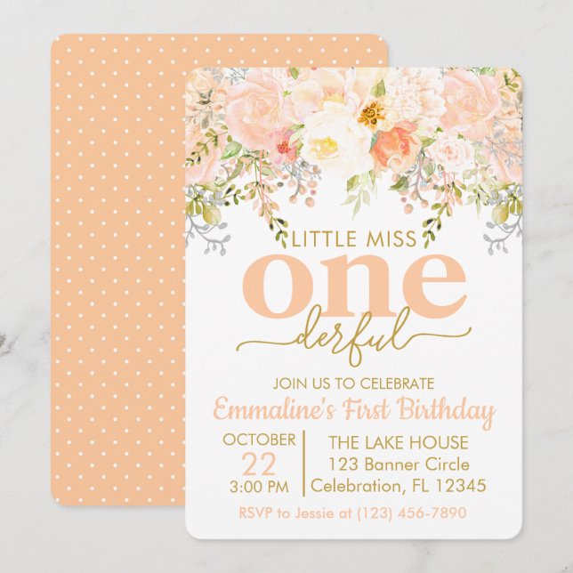 Peach Little Miss ONEderful Girl First Birthday  Invitation (Front/Back)