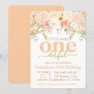 Peach Little Miss ONEderful Girl First Birthday  Invitation