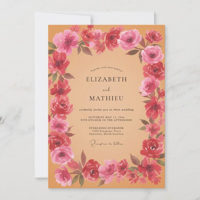 Peach Magenta Petal Wedding Invitation (Front)