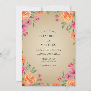 Peach Magenta Ranunculus Eucalyptus Wedding Invitation