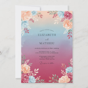 Peach Magenta Ranunculus Muted Eucalyptus Wedding Invitation