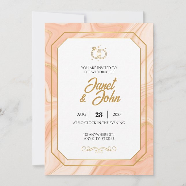 Peach Marble Cut Corner Gold Frame Invitation (Front)
