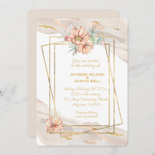 Peach Marble With Gold Sparkles and Peach Cactus Invitation
